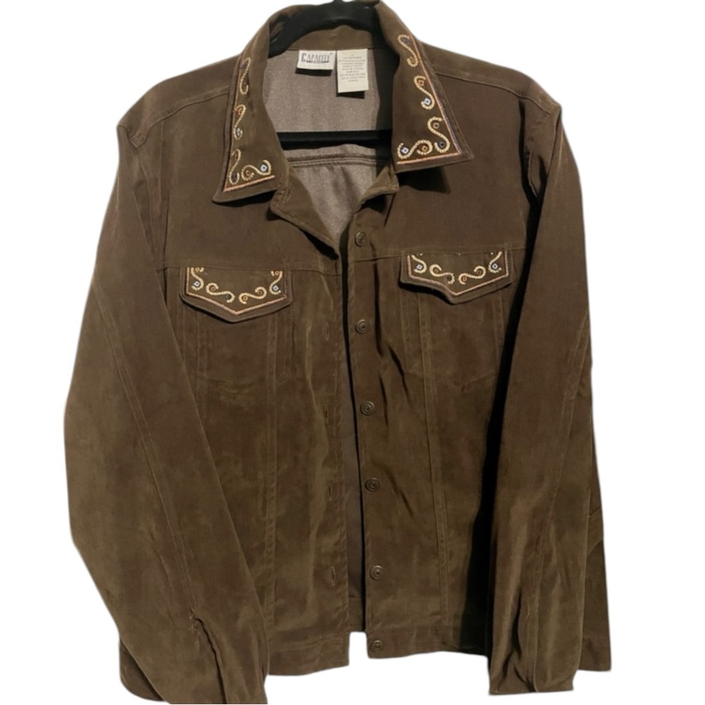Vintage Brown Suede Like 2 Pocket Western Embroidered Button Up Jacket Size 1X
